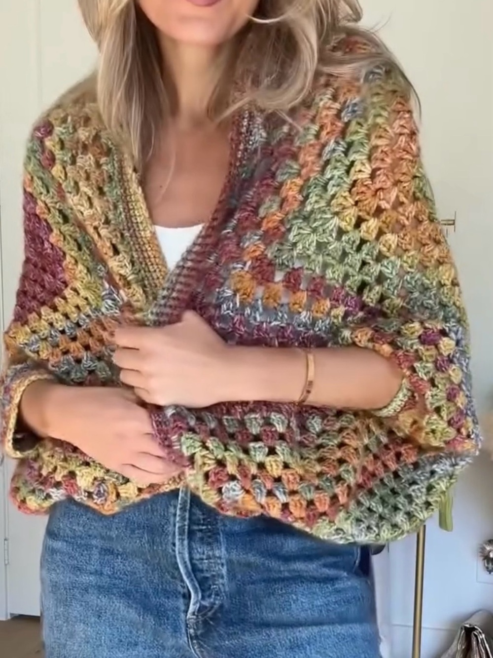 Vintage Handmade Multicolor Crochet Open-Front Women's Cocoon Sweater Wrap